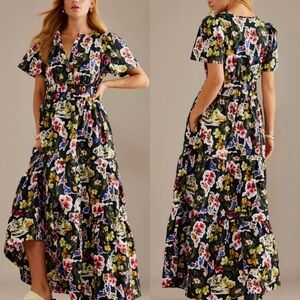 Anthropologie Black Multicolor Floral Somerset Dress with pockets